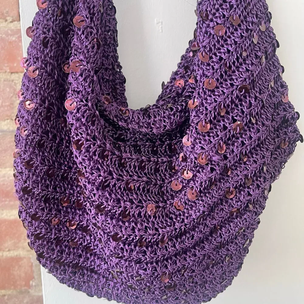 Purple Crochet Sequin Knit Hobo Shoulder Bag Slouchy Boho Handbag Zip Festival